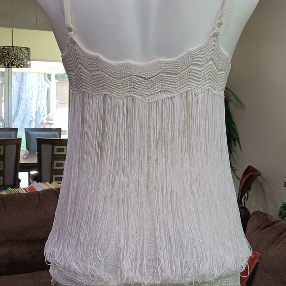 MKM Designs Ladies White Crochet Fringed Tank Top w/ Rhinestone Details Sz L - Picture 5 of 10